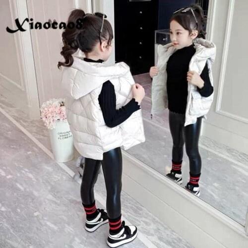 Fashion Down Cotton Kids Vest for Girls Solid Hooded Sleeveless Jacket Coat 4-14 Years Children Outerwear Toddler Winter Clothes