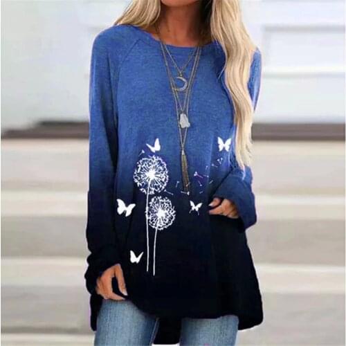 New Winter Women Fashion Dandelion Butterfly Printed O-neck Plus Size Long Sleeve Tops Tee T-shirt Streetwear Daily Sleepwe #t2g