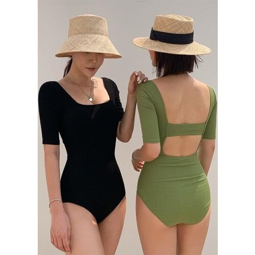 2021 New Style Fashion Women Summer Solid Color Half Sleeve Skinny Swimwear One Piece Swimsuit Beach Wear Bathing Suit