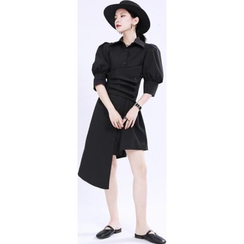 Summer 2020 New Female Waist Slimming Waist Seal Dark Shirt Dress Bellflower Dress Mori Black and white