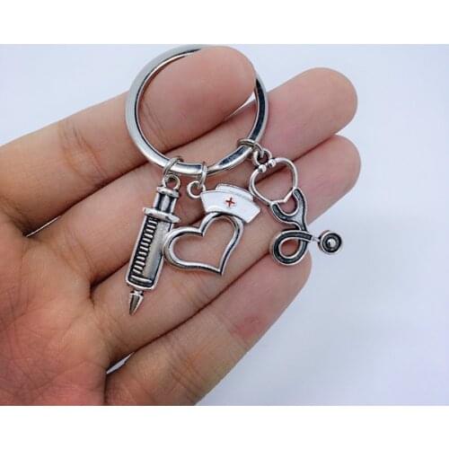 NEW Fashion Syringe&Stethoscope&Heart Nurse Hat Pendants Keychain Alloy Enamel Retro Jewelry 2021 Trend Vintage jewellery