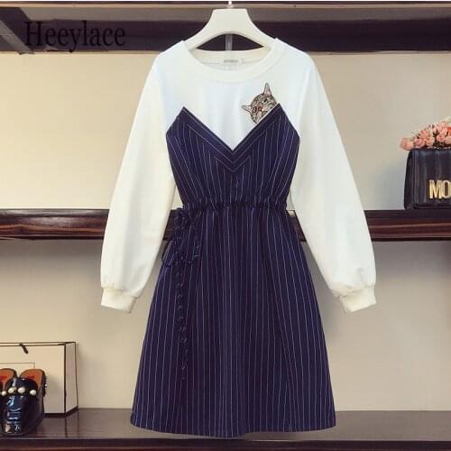 Plus Size Cartoon Embroidery Dress Autumn 2020 Long Sleeve Cotton Sweatshirt Patchwork Striped Shirt A-Line Mini Dresses 5XL