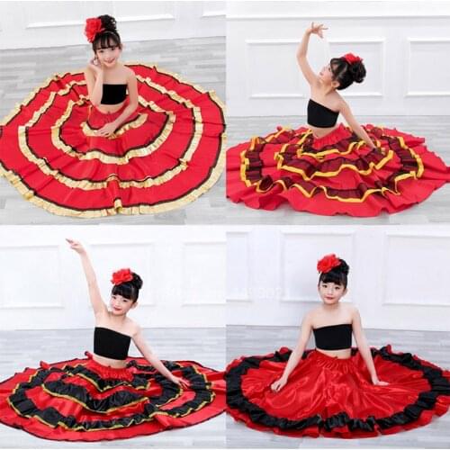 Teenager Gypsy Girls Sopanish Flamenco Skirt National Striped Belly Dancing Costume Red Bullfight Festival Clothing Dress