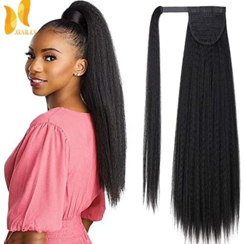 XINRAN Kinky Straight Long Ponytail Hair Extension 24 Inch Magic Paste Heat Resistant Wrap Around Yaki Ponytail for Black Women