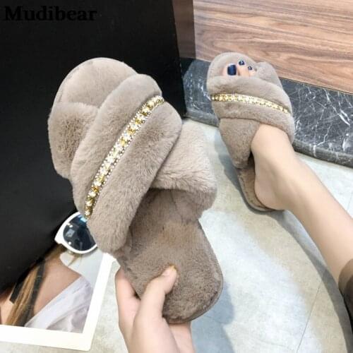 Mudibear New Style Cross-Top Plush Womens Slippers Home Indoor Flat Crystal Slippers Non-Slip Wood Floor Cotton Footwears 36-41