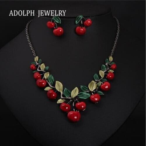 ADOLPH Jewelry 2015 New Design Gem Fresh Cherries Choker Statement Necklace For Women Popular Maxi Necklace With Earrings