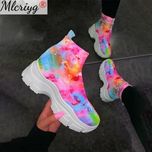 Womens Graffiti Vulcanized Woman Rainbow Sock Sneakers Sequins Woman Casual Platform Ankle Wedges Ladies Height Increase Shoes