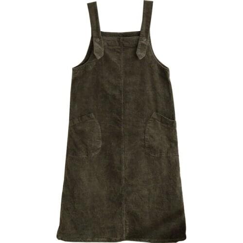 Johnature Women Corduroy Dresses Vintage Sleeveless 2021 Spring New Solid Color Pockets Cotton Women Clothing Casual Dresses