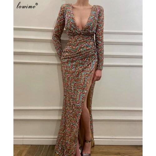 Abendkleider Long Sleeves Sequins Prom Dresses Deep V-Neck Robe De Soiree Arabic Evening Dresses Side Split Cocktail Gowns
