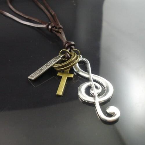 2015 new arrival fashion long leather vintage Musical notation musical note pendant necklace women men jewelry