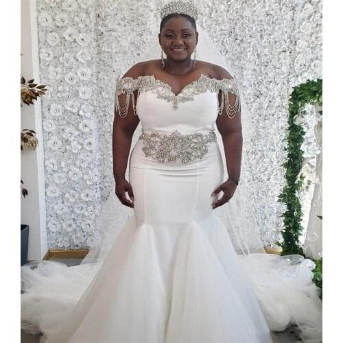 2021 Fashion Crystals African Mermaid Wedding Dresses Plus Size Black Girl Women Off Shoulder Satin Bridal Gowns Robe De Mairee