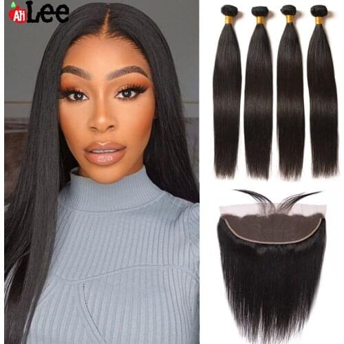 30inches Transparent Lace Frontal With Straight Human Hair Bundles Pre Plucked 13x4 Lace Frontal With Bundles Straight Remy Hair