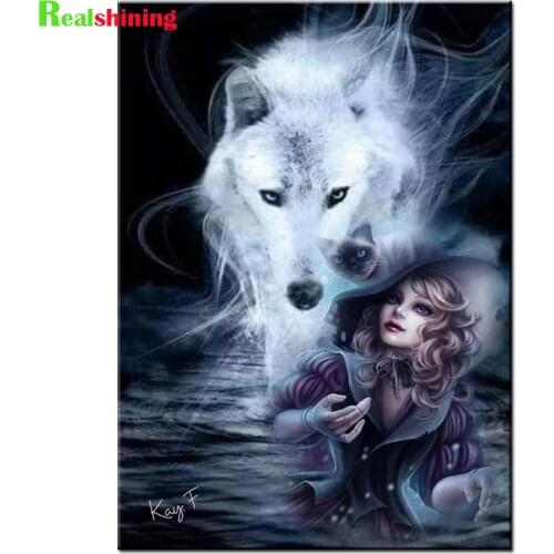 5d Diy Diamond Painting Fantasy Wolf Cat Girl Full Sqaure Round Drill Cross Stitch Embroidery Rhinestone Mosaic Home Decor N2255