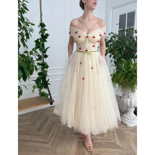 BridalAffair Champagne Cherry Midi Prom Dresses Off Shoulder Pockets Tea-Length Wedding Party Dresses Pleated Tulle A-Line Gowns