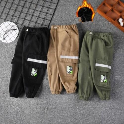 Boys Pants Winter New Childrens Casual Plus Velvet Cotton Trousers Fashion Thicken Pockets Letter Cargo Pants For Boys 3-11 Y