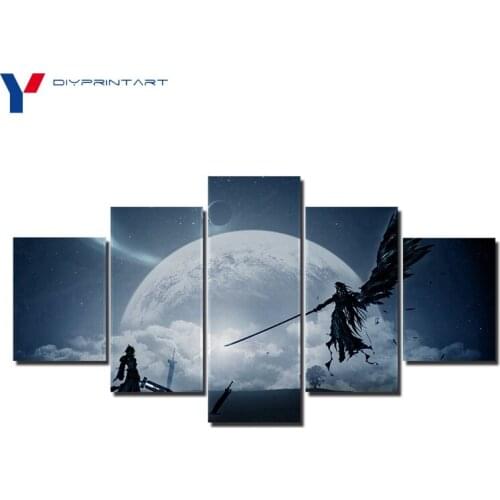 FF7 Earth Battle 5 Panel Canvas Wall Art Game Poster Print Home Decoration Living Room A0440
