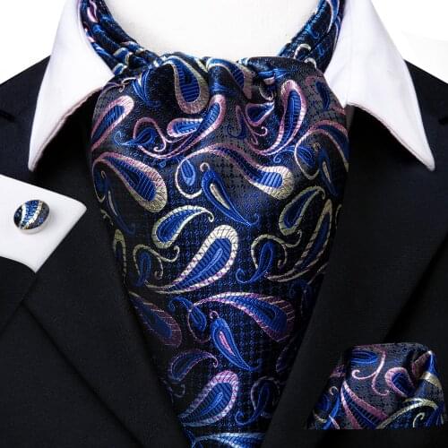 Hi-Tie Luxury Paisley Cravat for Men Pocket Square Cufflinks and Ascot Scarf Tie New Fashion Mens Casual Ascot Cravat Tie Set