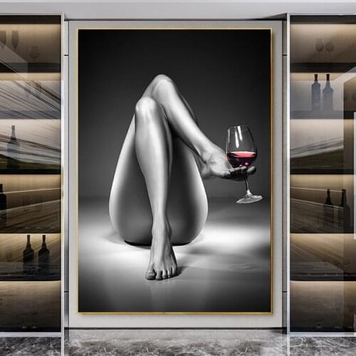 Canvas Prints Nude Legs Red Wine Glass Painting Black White Sexy Wall Art Modern Pictures for Living Room Home Decor Cuadros
