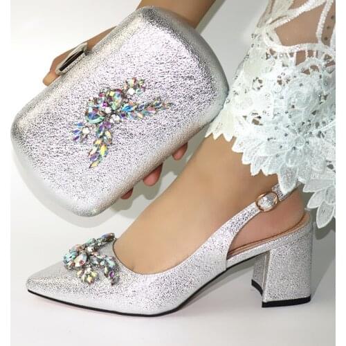 Beautiful silver women pumps with crystal decoration african dress shoes match handbag set VC187,heel 6.5CM