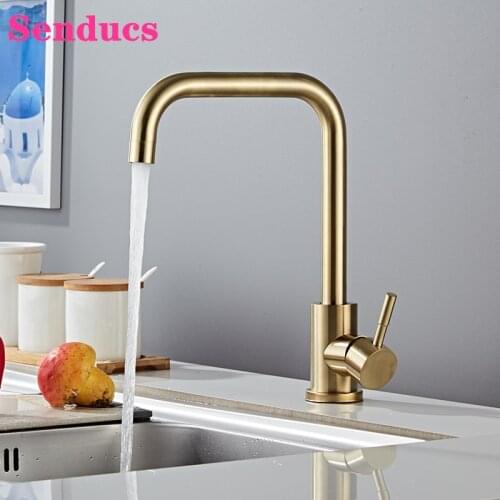 Kitchen Faucets Senducs Brushed Gold Kitchen Sink Mixer Tap Deck Mounted Hot Cold Kitchen Tap Stainless Steel Kitchen Faucets