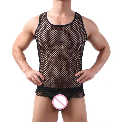 Sexy Mens Undershirts See Through Mesh Shirt Sleeveless T-shirt Fishnet Men Vests Fitness Wrestling Singlet Men Briefs Underwear