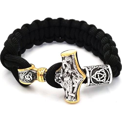Norse Viking Men Bracelets Stainless Steel Thor Mjolnir Hammer Paracord Amulet Runes Beads Hand Made Scandinavian Bangles Gif