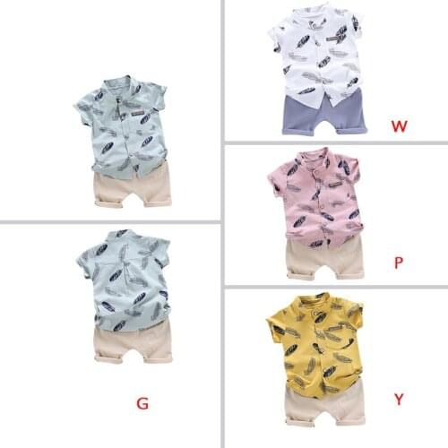 New Summer Baby Boys Sets Casual Short Sleeve Floral Feather Fur Print T-shirt Tops+Shorts Costume Set