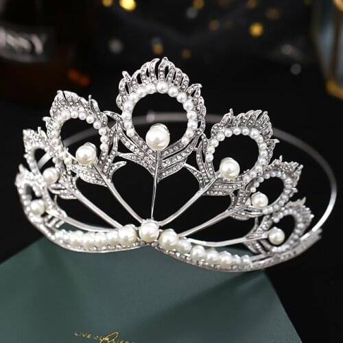 New Silver Color Queen Tiaras And Crowns Pearl Rhinestone Feather Wedding Hair Accessories For Women Diadems King Princess Crown