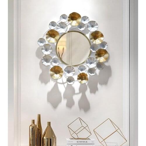 Simple European Metal Wall Round Decorative Mirror Decor Home Livingroom Iron Lotus Leaf Border 3D Wall Sticker Mural Ornaments