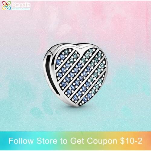 Smuxin 925 Sterling Silver Blue Pavé Heart Clip Charm fit Original Pandora Bracelets for Women Jewelry Making Girl DIY Jewelry