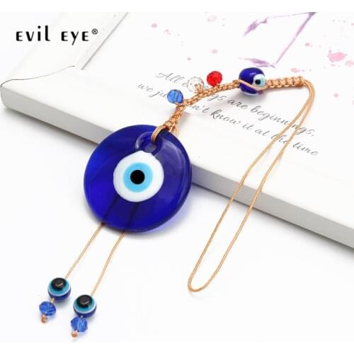 EVIL EYE Blue Turkish Evil Eye Bead Round Pendant Wall Hanging Rope Chain Tassel Decorations for Home Living Room Car NB203