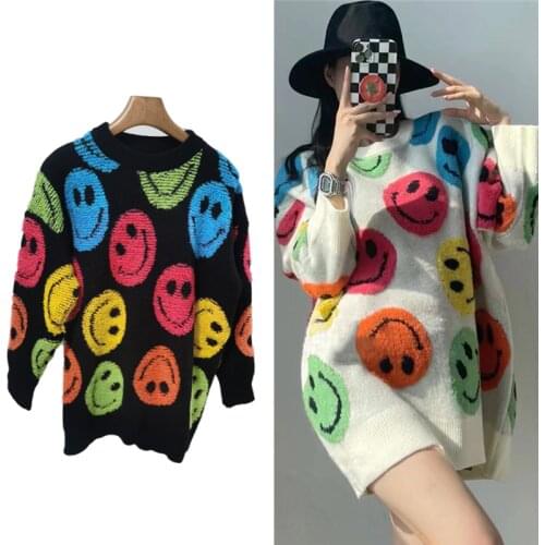 Rainbow Striped Hot Rhinestone cartoon smiley sweater Womens Loose knit pullover Lazy Style Outerwear Knitwear