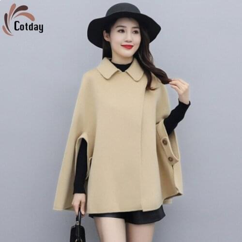 Cotday Loose Wool Double Faced Cashmere Half Sleeve Lapel Jacket Khaki Women Cloak Spring Button Shawl Woolen Blend Overcoat