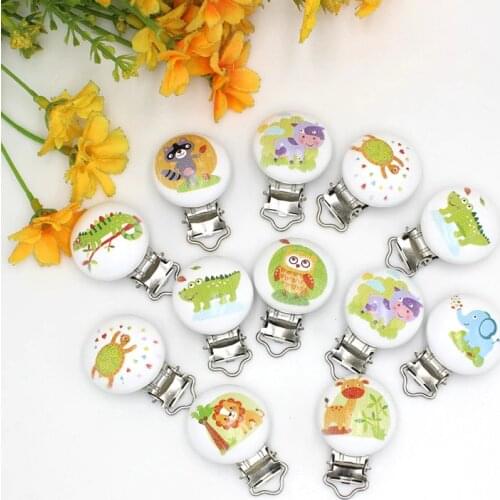 Random mix 5Pcs/Lot Baby Pacifier Clip cartoon animals Pattern Wooden With Metal Soother Holders For DIY Craft Drop Shopping