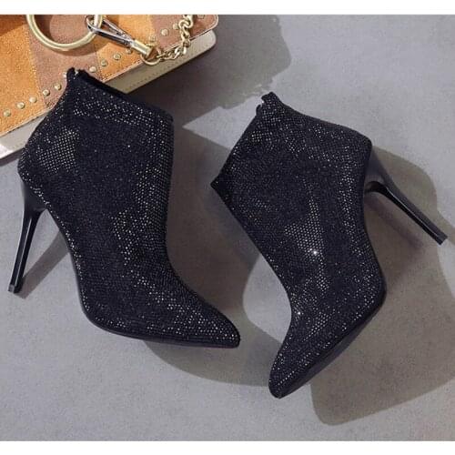 Rhinestone Ankle Boots Women High Heels Booties Pointed Toe Shoes Female Bling Wedding Shoes Ladies Winter Ankel Boots for Women