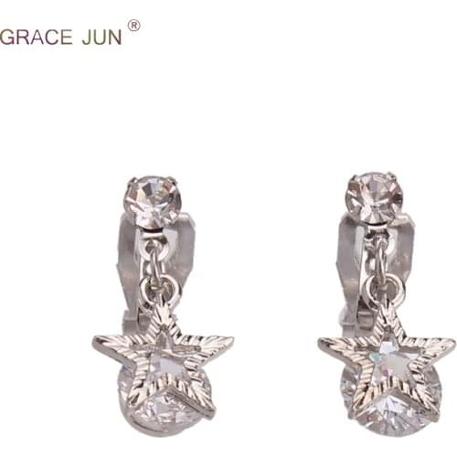 GRACE JUN Top Quality Rhinestone CZ Star Clip on Earrings No Pierced for Women Party Prom Luxury Bridal Wedding No Hole Earrings