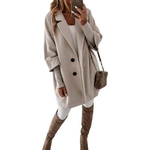 2021 New Women Casual Solid Color Autumn Winter Gentle Style 3/4 Sleeve Pockets Buttons Long Coat Loose Jacket