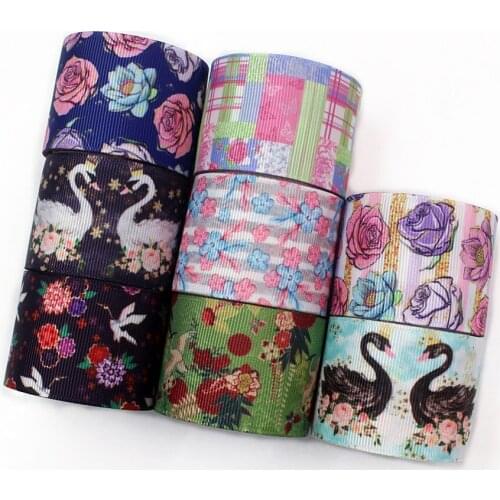 1-1 / 2'', 10 yards swan flower printing grosgrain ribbon, crafts materials for diy handmade bow decoration,I-19320-654