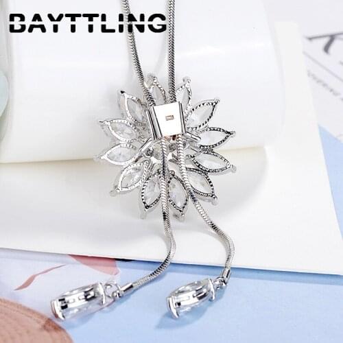 BAYTTLING 925 Sterling Silver 90cm Shiny Flower Zircon Pendant Necklace For Woman Fashion Charm Wedding Necklace Jewelry Gift