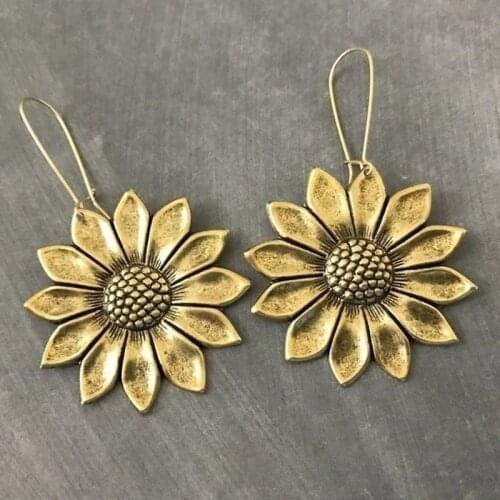 LARGE Gold Sunflower Earrings Bohemian Flower Inspired Statement Earrings Woodland Wedding Hippie Jewelry Garden Flower