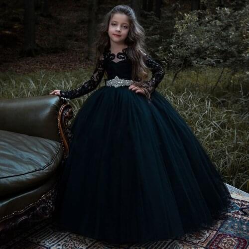 Black Flower Girls Dress For Wedding Long Sleeves Lace Appliques Ball Gown Elegant Girls Birthday Dress Pageant Gowns with Bow