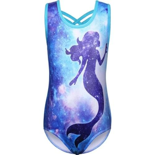 BAOHULU Girls Gymnastics Leotard Galaxy Human Fish Pattern Ballet Leotard Sleeveless Dance Wear Professional Sparkly Bodysuits
