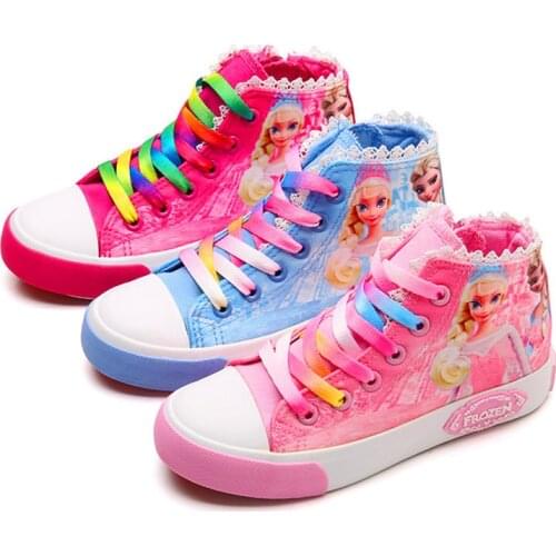 Girls Canvas 2020 New Cartoo Girls Sneakers Hight-top Chidren Shoes Princess Kids Casual Shoes Colorful Lace-Up Anti-Slippery