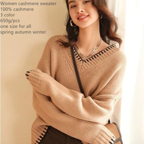 Naizaiga 100% cashmere College style V-neck contrast black thread edging over knit cashmere loose sweater women ZRFS347