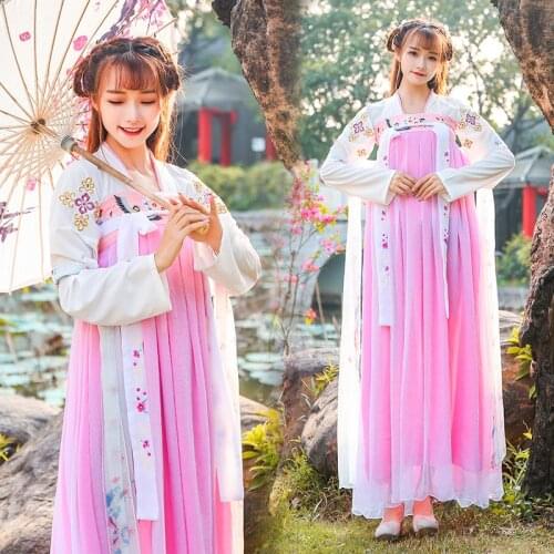 2019 Autumn Female Chinese Folk Ancient Costume Hanfu Dresses Traditional Women Stage Dance Costumes Han Dynasty Dress DWY1166