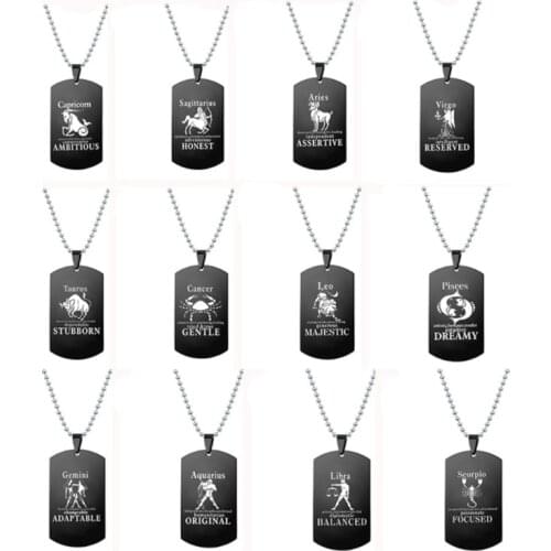 New Fashion 12 Zodiac Necklace for Women Men Stainless Steel Dogtag Pendant Choker Jewellery Necklaces for Teen Girls