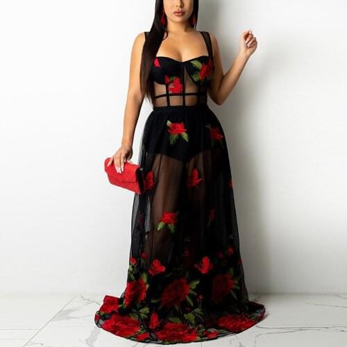 Sexy Transparent Dresses Floor Length Spaghetti Strap Red Embroidery High Waisted Elegant Evening Night Club Wear Long Dress Hot
