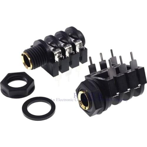 2pcs TRS Plastic Screw 1/4" 6.35mm 6.5 Stereo Jack Socket Right angle Through hole PCB 6 Pin TIP RING SLEEVE gold plate Phosphor