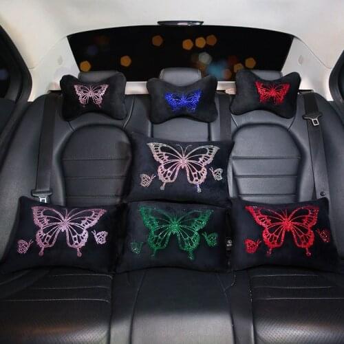 Head Rest Pillow for Car Seat Neck Lumbar Support Pain Relief Butterfly Rhinestone Bling Accessories Interior Winter Plush Decor