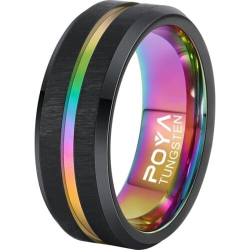 POYA TUNGSTEN Rainbow Ring 8 mm Black Wedding Band Beveled Edges Comfort Fit LGBT Jewelry
